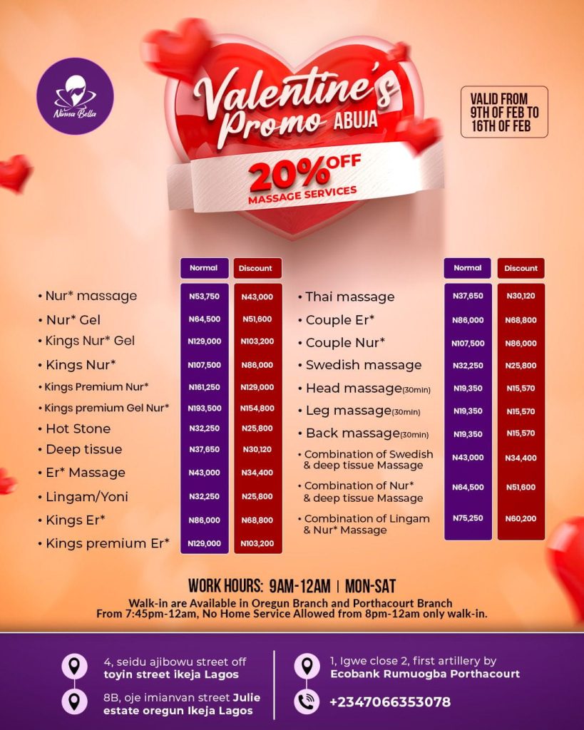 Abuja Valentine Massage Discount Price List - Ninna Bella Spa