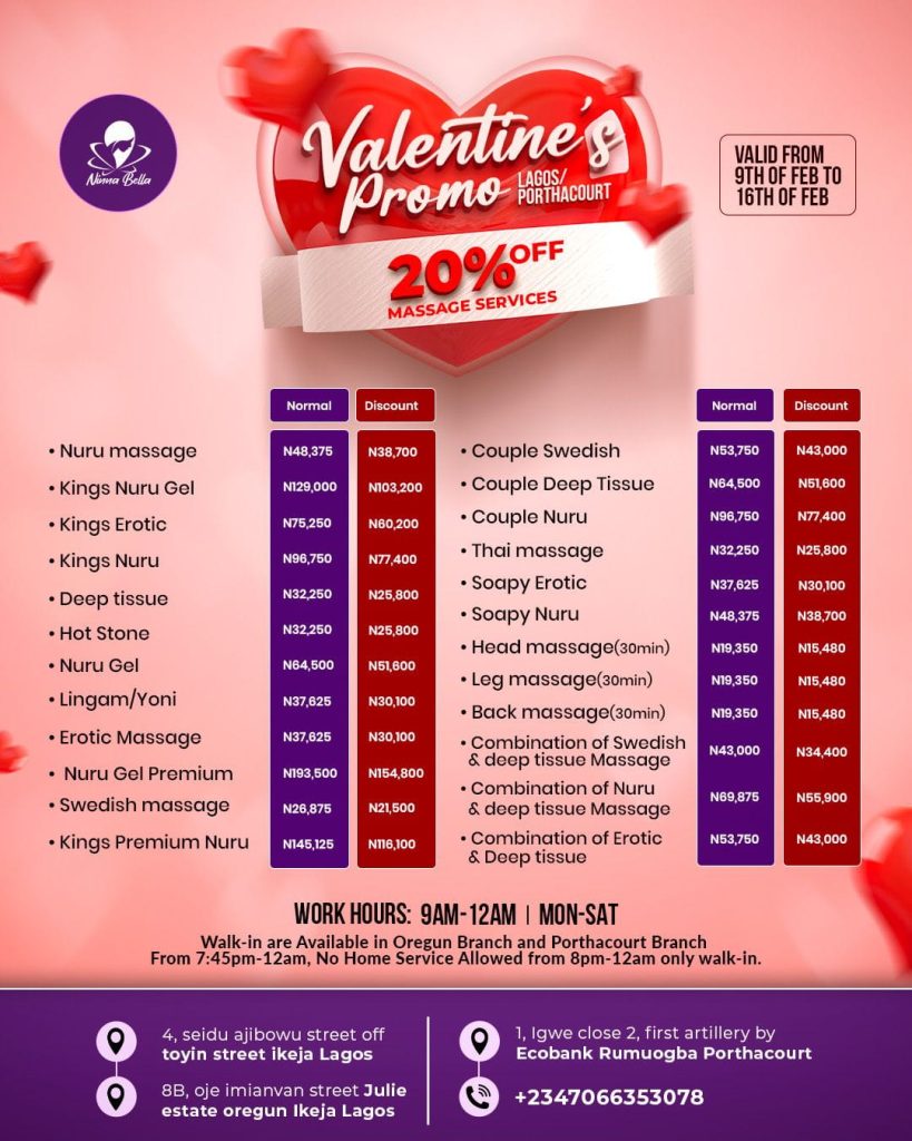 Lagos & Portharcourt Valentine Massage Discount Price List - Ninna Bella Spa