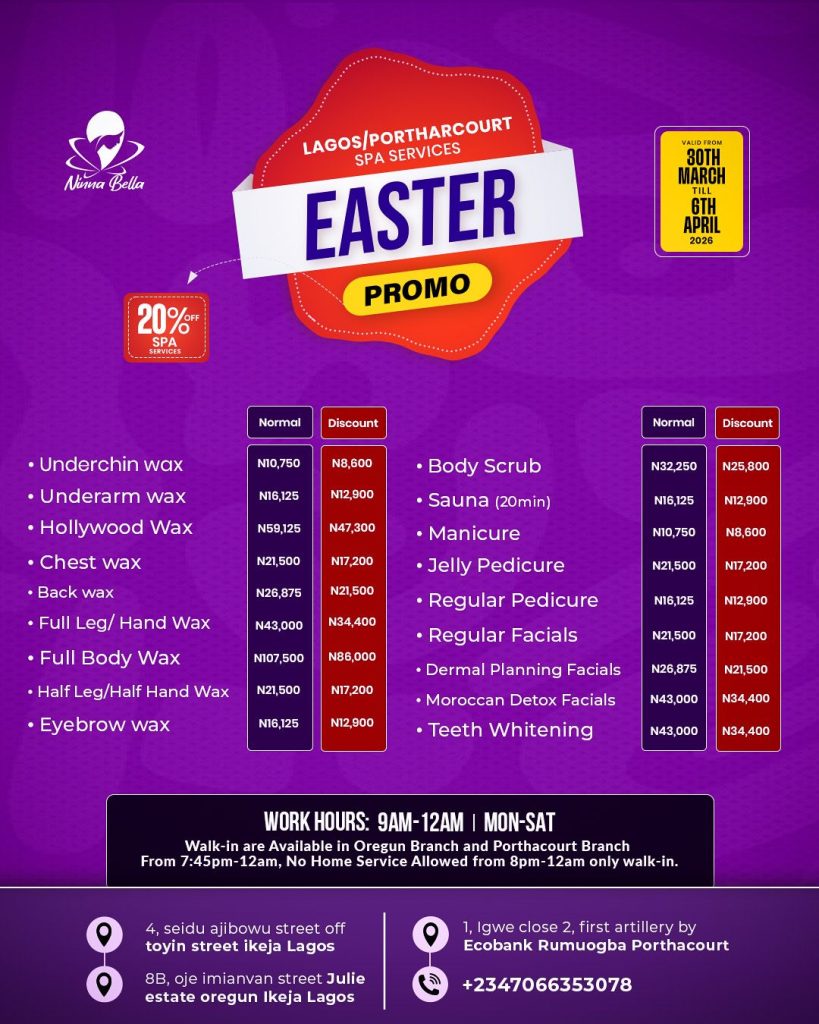Ninna Bella 20% Easter Promo Price List for Lagos and Port Harcourt